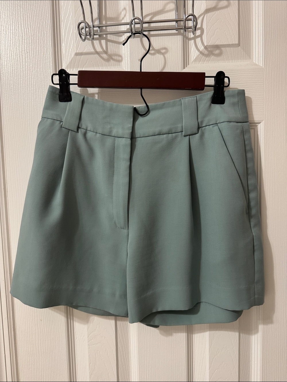 H&M Pleated High-Rise Shorts in Sage Green